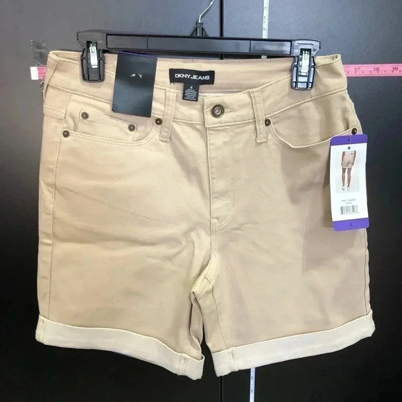 DKNY Mid Thigh, Roll Cuff,5 pocket,belt loop,zip fly, stretch, Chichino Tan - Picture 1 of 8